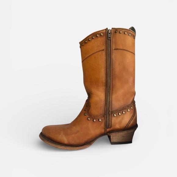 Corral Distressed Honey Leather Stud Zipper Western Boots 8.5 C3674 - Picture 3 of 6